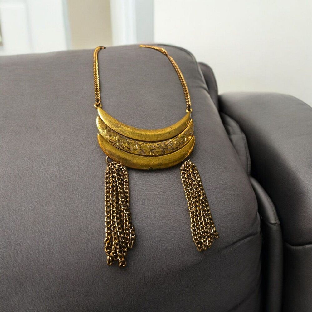 Vintage Egyptian Necklace Crescent Moon Bohemian Gold Tone Chain